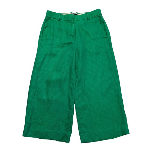 J.Crew Pants - J. Crew Kelly Green Herringbone 100% Linen Preppy Wide Leg Cropped Pants 2P